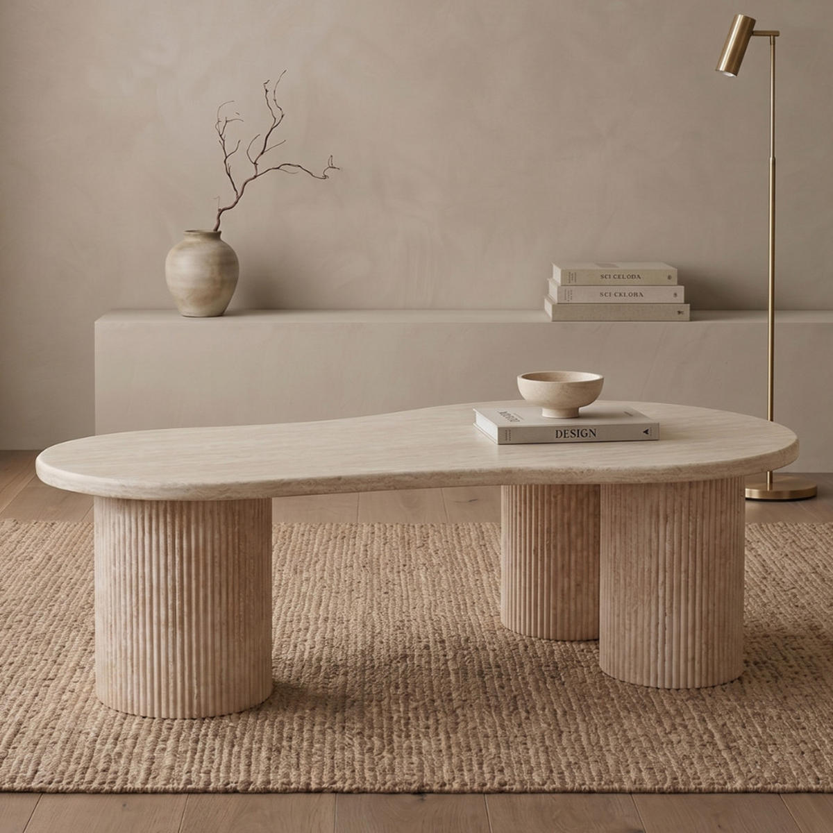 COUCHTISCH Lucano mit massiver Travertin Tischplatte und Tischbeinen in Säulenstil 140cm - Beige, Stein (80/140/45cm) - alesvelt