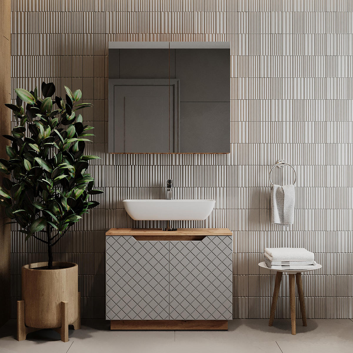 KOUPELNOVÝ NÁBYTEK Lotta Dub/šedá se strukturou dlaždic - šedá/barva dubu, kompozitní dřevo (79.6/62.1/32cm) - Vicco