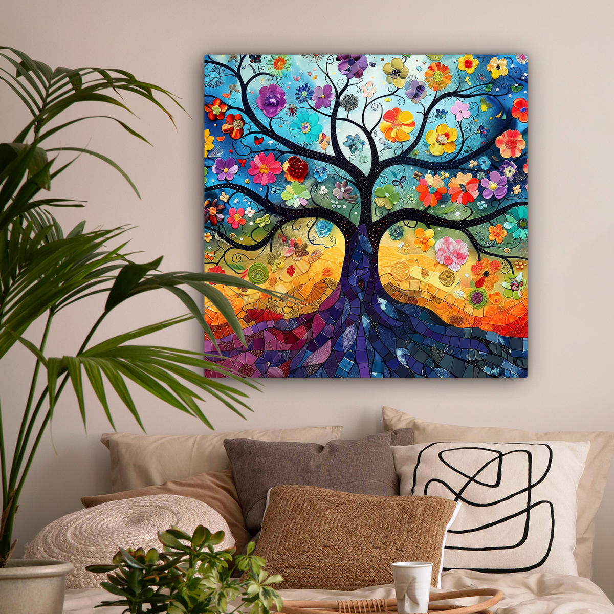 LEINWANDBILD Kunst - Baum des Lebens - Blumen - Hippie Deko Groß 90x90 cm - Dunkelblau, Textil (90/90cm) - MuchoWow