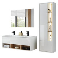 BADMÖBEL-SET weiß Hochglanz, Eiche mit Doppelwaschbecken und LED Beleuchtung 175 cm - Weiß Hochglanz/Eichefarben, Glas/Holzwerkstoff (175/190/47cm) - Furn.Design