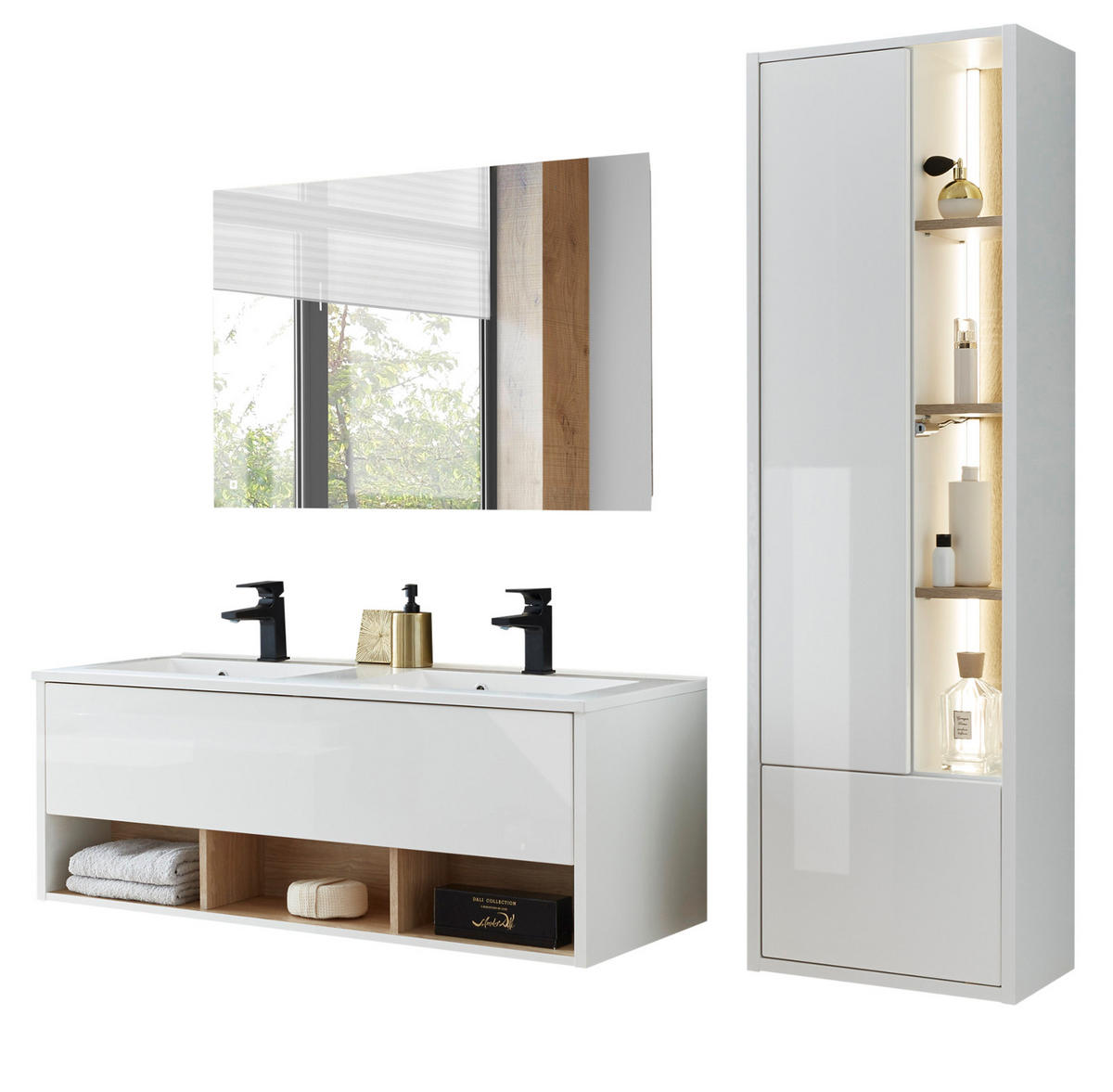 BADMÖBEL-SET weiß Hochglanz, Eiche mit Doppelwaschbecken und LED Beleuchtung 175 cm - Weiß Hochglanz/Eichefarben, Glas/Holzwerkstoff (175/190/47cm) - Furn.Design