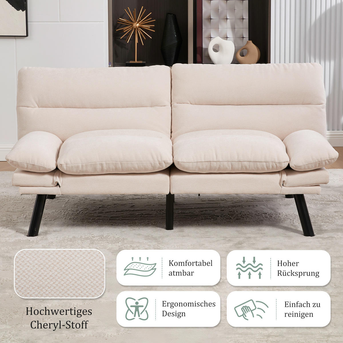 2-SITZER Schlafsofa Chenille mit verstellbarer Rückenlehne Beige 165/90/76 cm - Beige, Textil (90/76/165cm) - Redom
