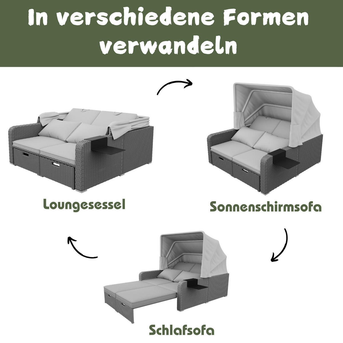 GARTENSOFA 2 Personen Grau Mit Abnehmbarer Markise - Grau, Kunststoff (72.5/37/83cm) - FLIEKS