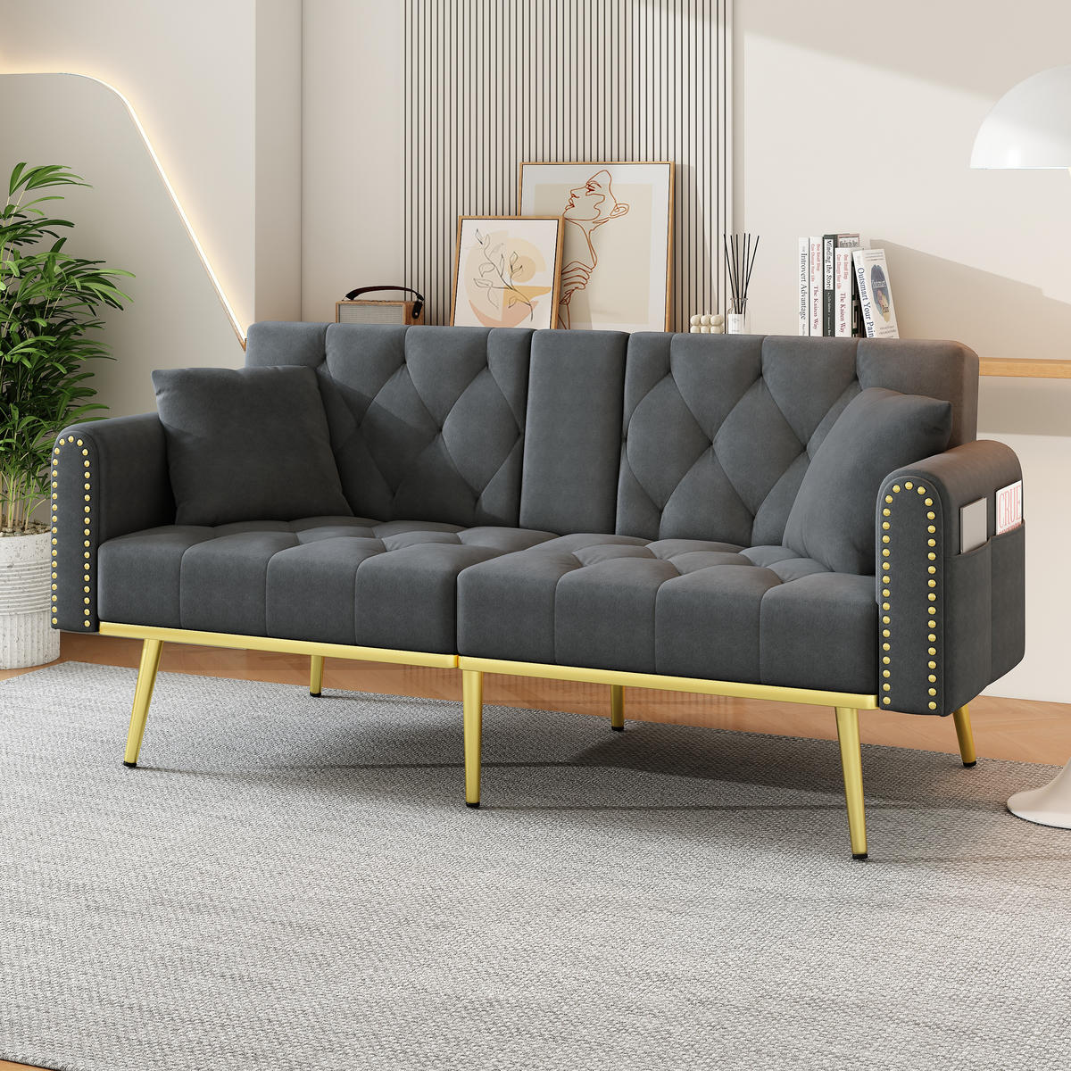 SCHLAFSOFA Samt mit verstellbarer Rückenlehne und Getränkehalter Grau 175/80/73,5 cm - Grau, Textil (73.5/175/80cm) - Redom