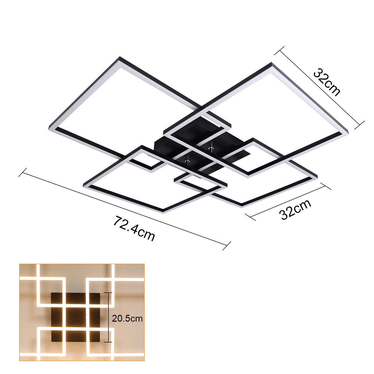 LED-DECKENLEUCHTE Gallegos 72.4/72.4/7.3 cm - Schwarz, Metall (72.4/72.4/7.3cm) - Nettlife