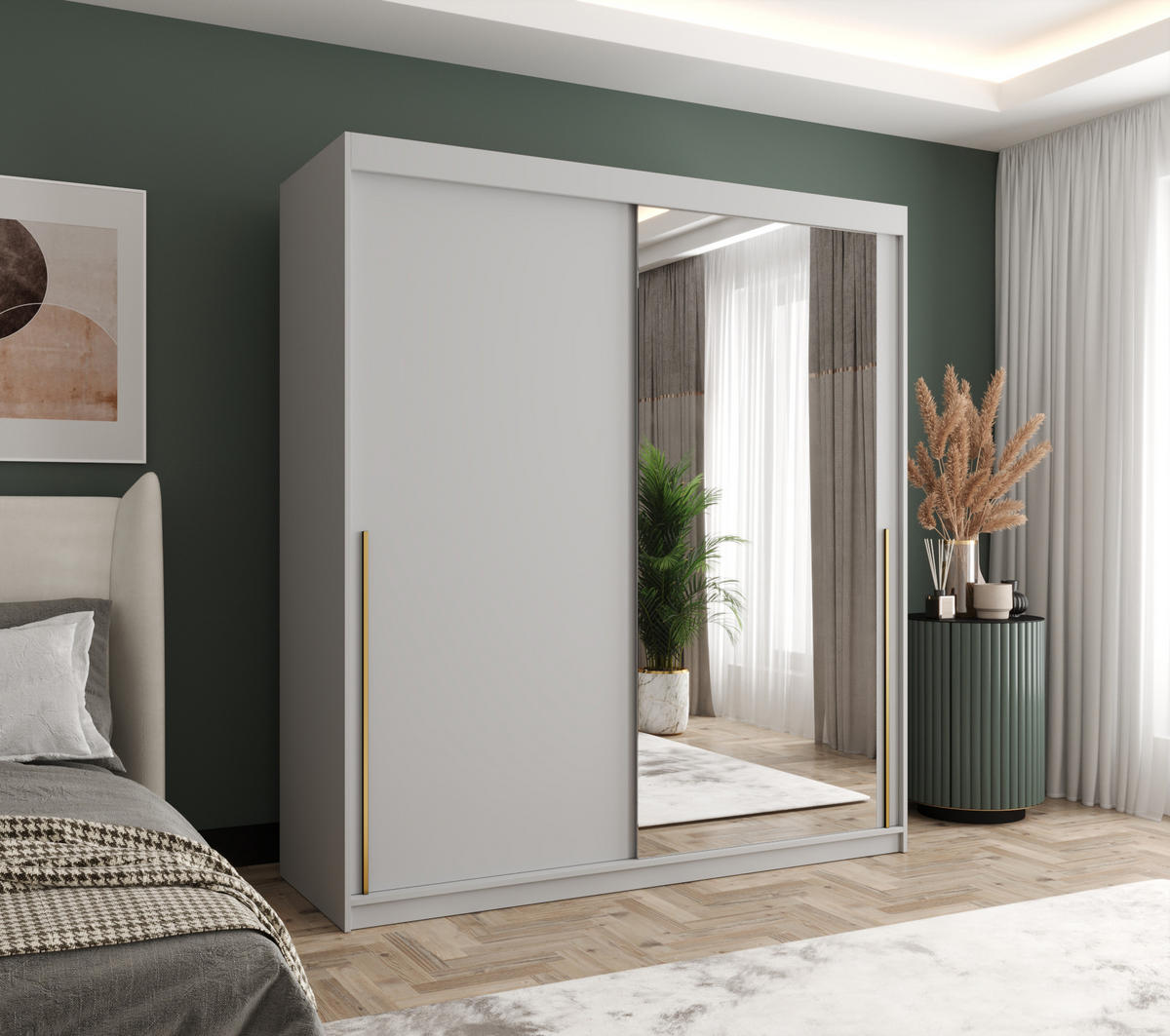 SCHIEBETÜRENSCHRANK mit Spiegel 180 cm Breite, weiß mit goldenem Griff - Goldfarben/Weiß, Holzwerkstoff (250/200/62cm) - Home Collective
