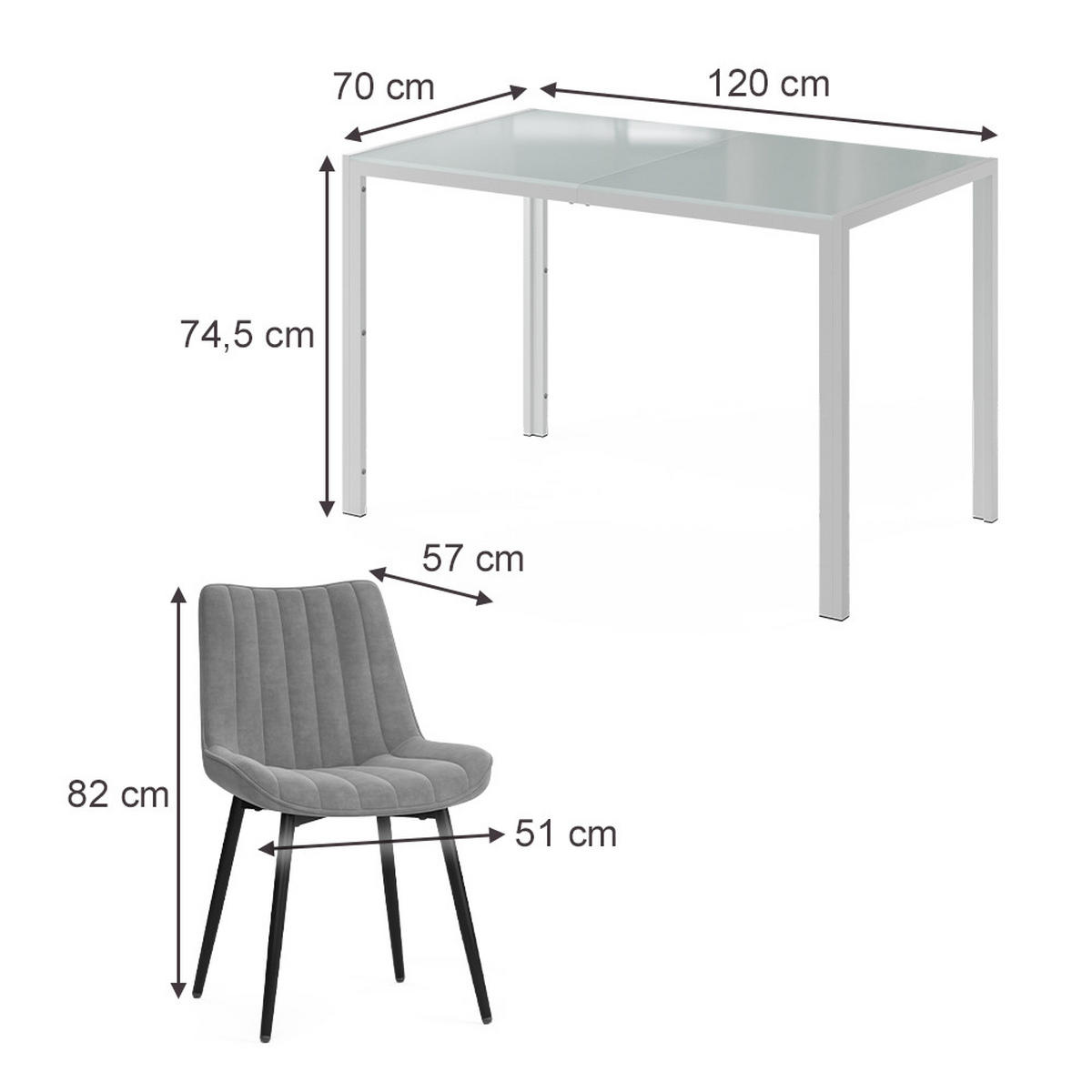 JÍDELNÍ STŮL SESTAVA Grand, Bílá, 120 x 70 cm se 4 židlemi (šedé) - bílá, sklo (120/74.5/70cm) - Vicco