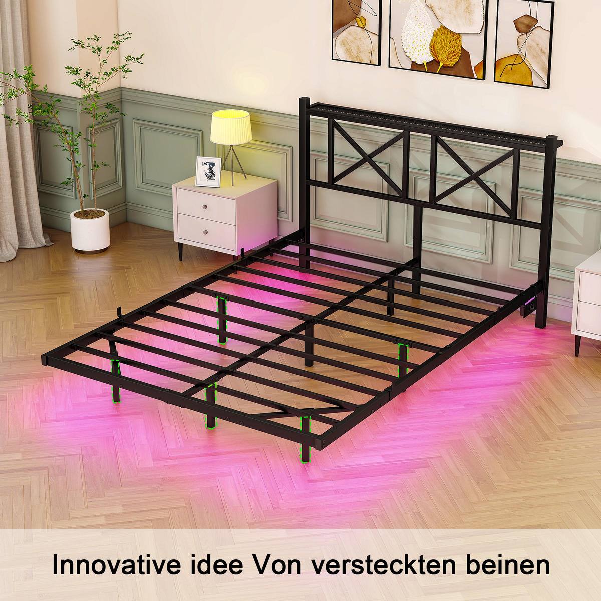 METALLBETT 140x200 cm LED USB Kopfteil - Schwarz, Metall (140/200cm) - LEBENLANG