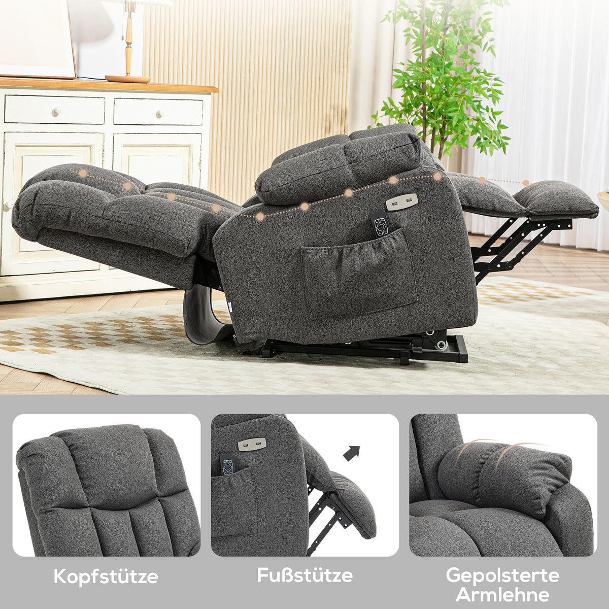 FERNSEHSESSEL mit Aufstehhilfe Elektrisch Relaxsessel mit Liegefunktion - Dunkelgrau, Textil (95/107/92cm) - HOMCOM