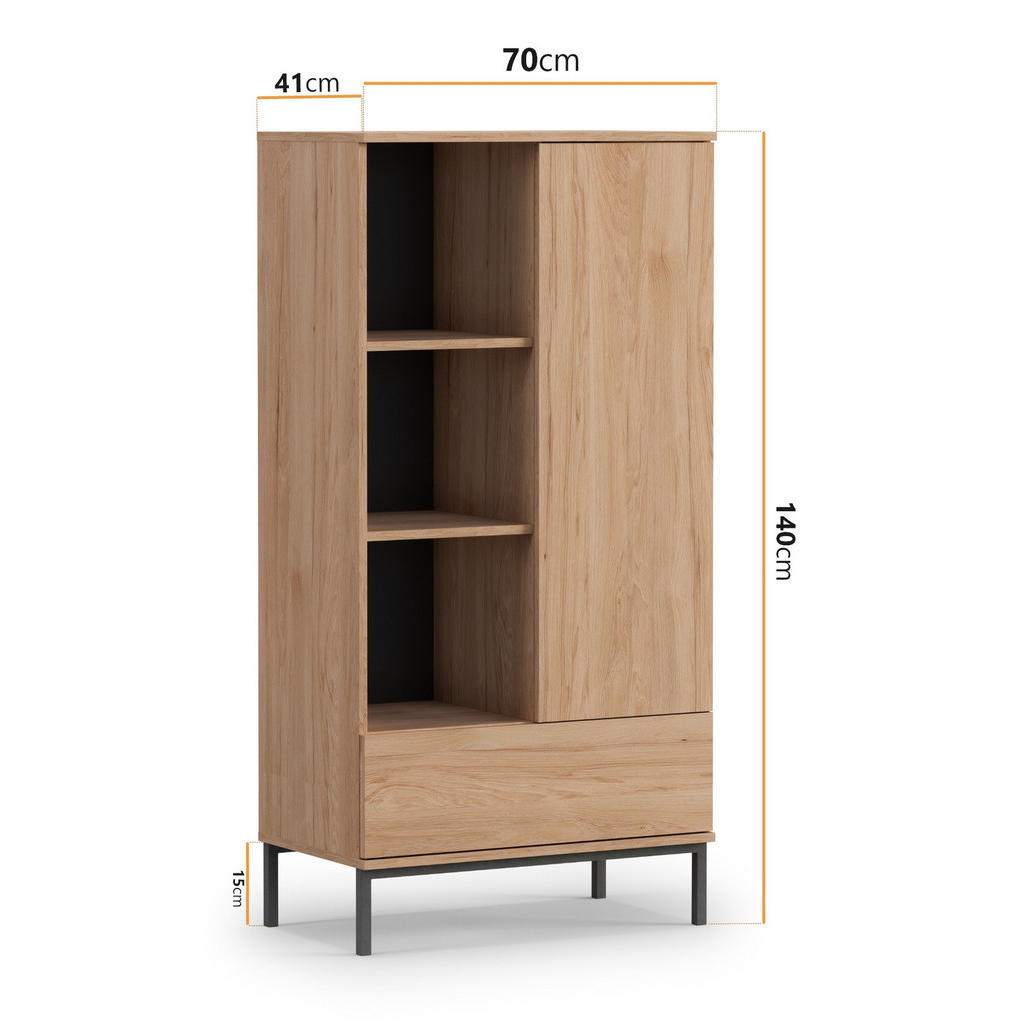 Thumbnail - Ravio Bücherregal, Eiche, Holzwerkstoff, 4 Fächer, 1 Schubladen, Rechteckig,Rechteckig, 70x140x41 cm, Wohnzimmer, ,