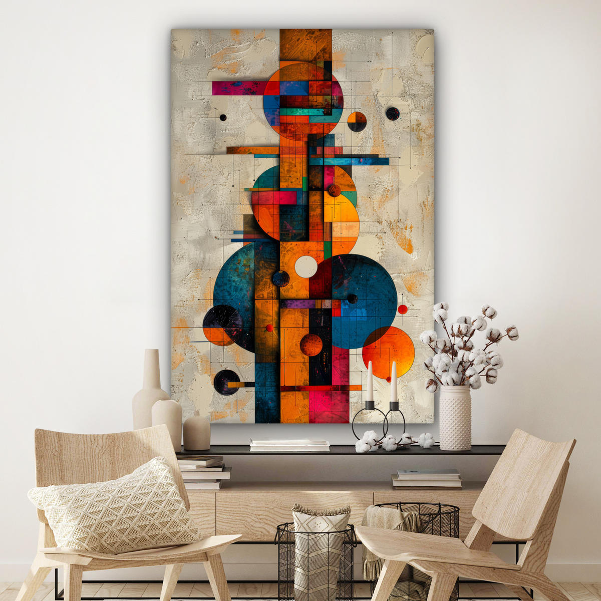 OBRAZ NA PLÁTNE Vintage - Moderné umenie - Oranžová - Geometrické tvary 90x140 cm - viacfarebná, textil (90/140cm) - MuchoWow