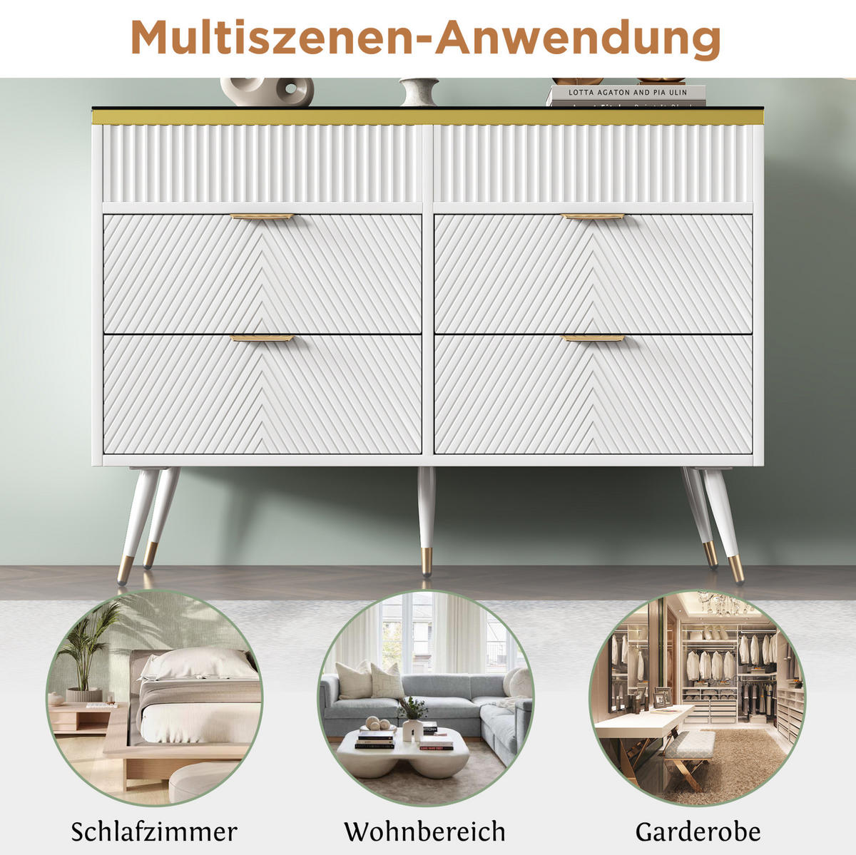 KOMMODE 120/40/76 cm mit 6 Schubladen und Metallfüßen - Weiß, Glas (120/76/40cm) - BEAOK