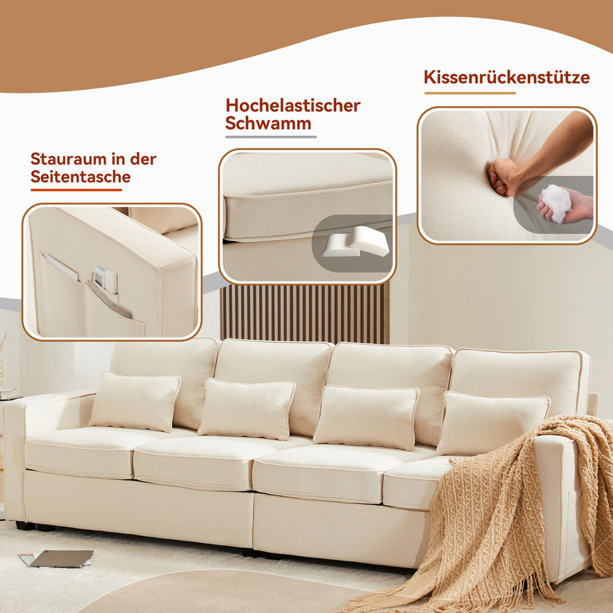 SOFA 4-Sitzer Leinenstoff Armlehnentaschen 4 Kissen Einfacher Stil - Beige, Holz (71/27.5/55.5cm) - FLIEKS