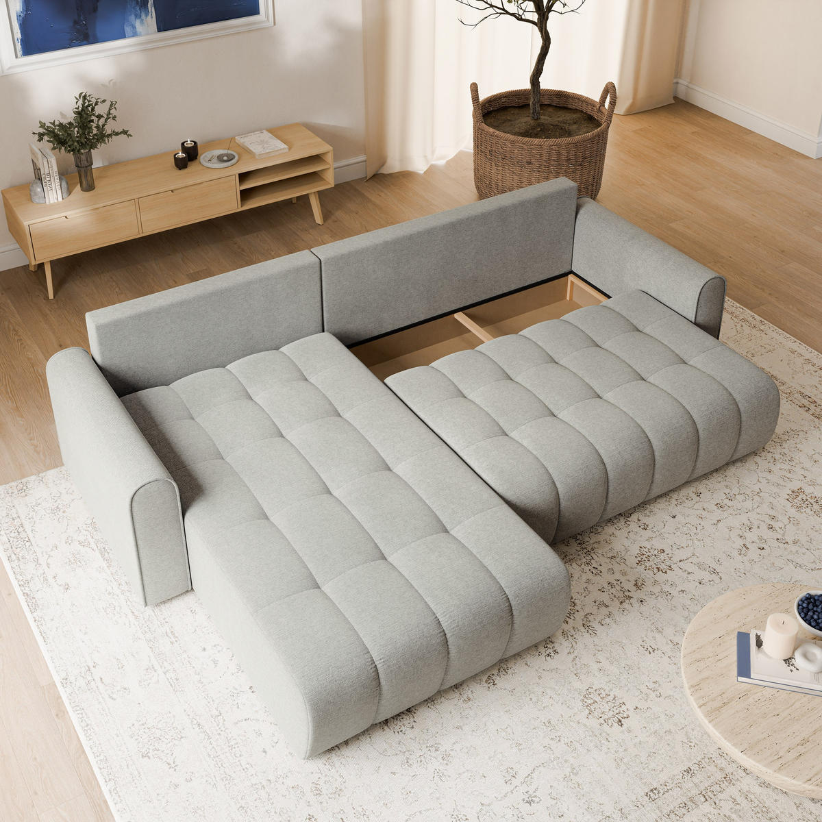 ECKSOFA FRIGA Hellgrau Strukturstoff mit Schlaffunktion - Hellgrau, Holz (283/185cm) - MASSENO