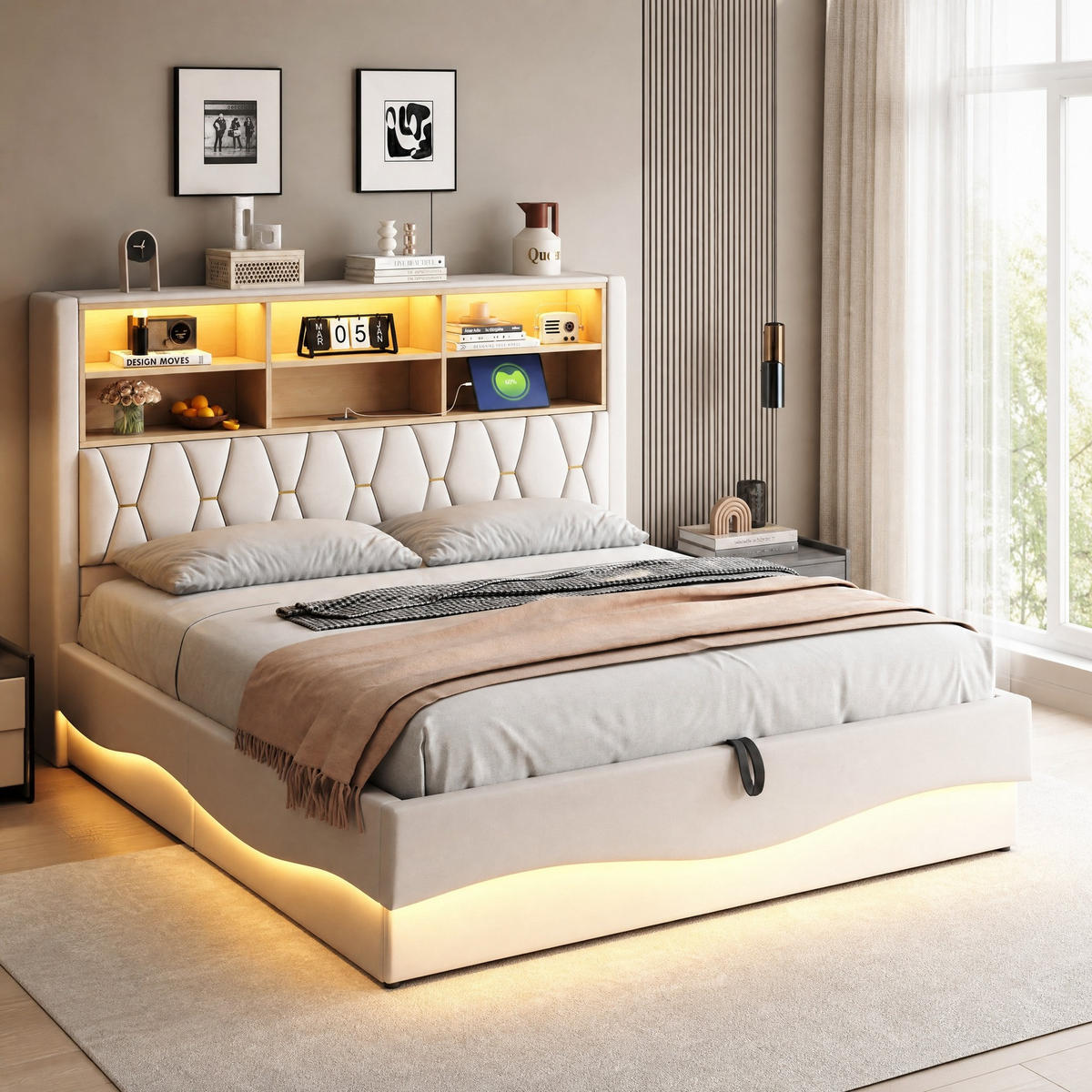 POLSTERBETT 180/200 cm in Beige Leinen mit Bettkasten, LED und USB - Beige, Holzwerkstoff/Textil (180/200cm) - CHICFURN