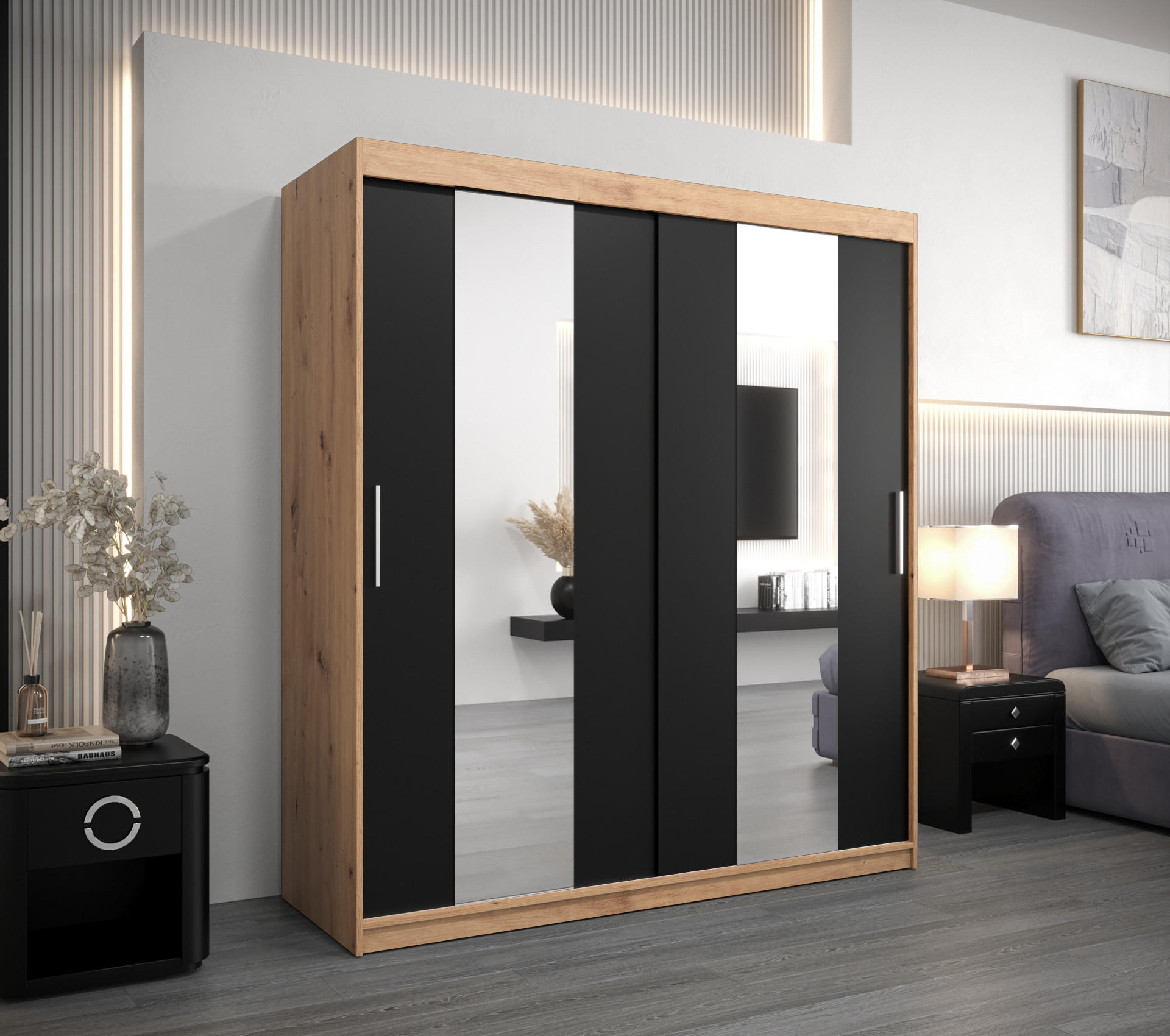 SCHWEBETÜRENSCHRANK 200/180/62 2-türig - Silberfarben/Schwarz, Holz/Kunststoff (180/200/62cm) - Abiks Möbel