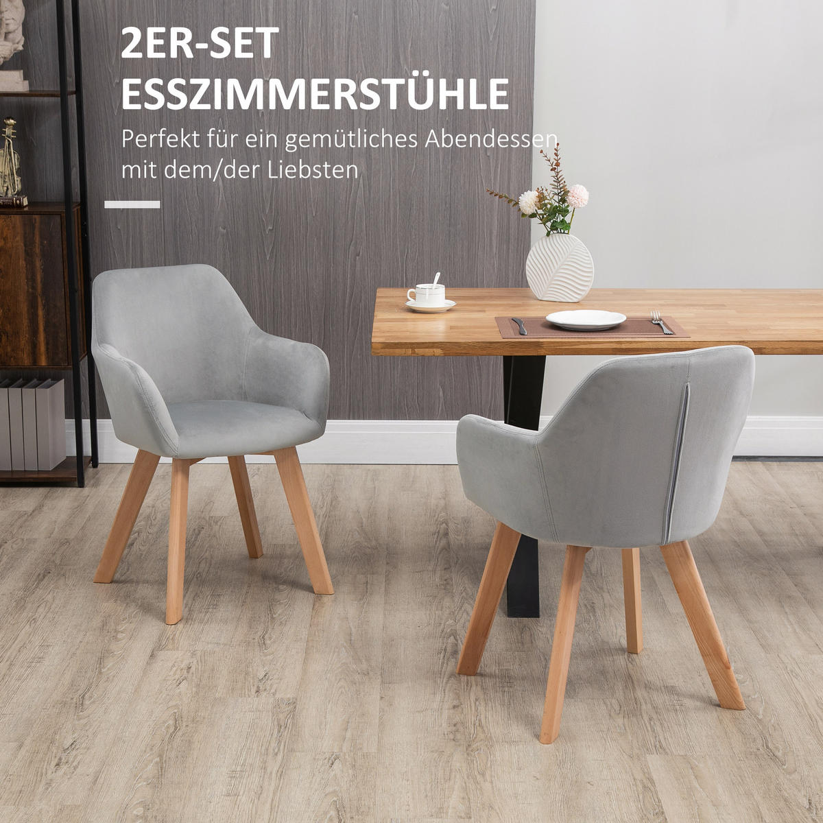ESSZIMMERSTÜHLE 2er Set, Küchenstuhl mit Armlehne, Rückenlehne, Samtoptik, Grau - Naturfarben/Grau, Holz/Kunststoff (57/80/54cm) - HOMCOM