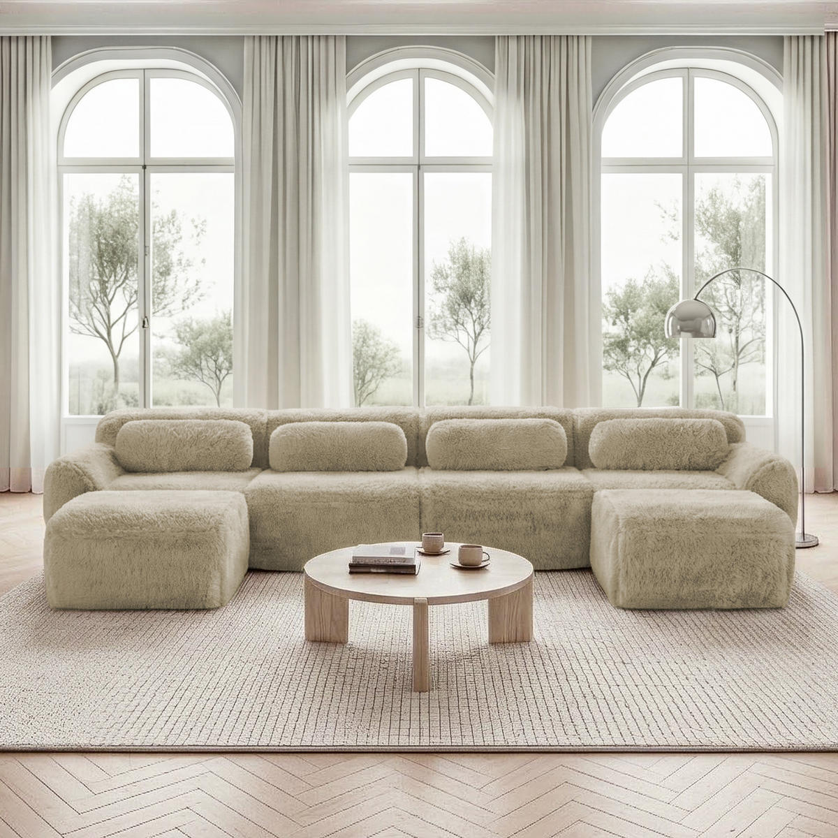 WOHNLANDSCHAFT Plüsch Hellkhaki mit Kissen - Beige, Textil (378/73/179cm) - WISHDOR