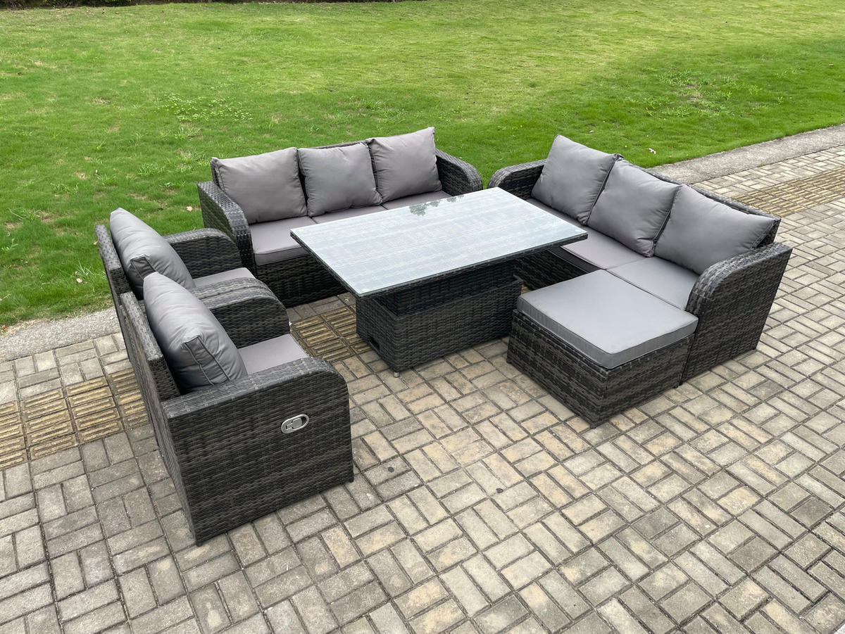 SITZGRUPPE GARTENSET Polyrattan Outdoor 9-Sitzer - Dunkelgrau/Grau, Glas/Kunststoff - Fimous