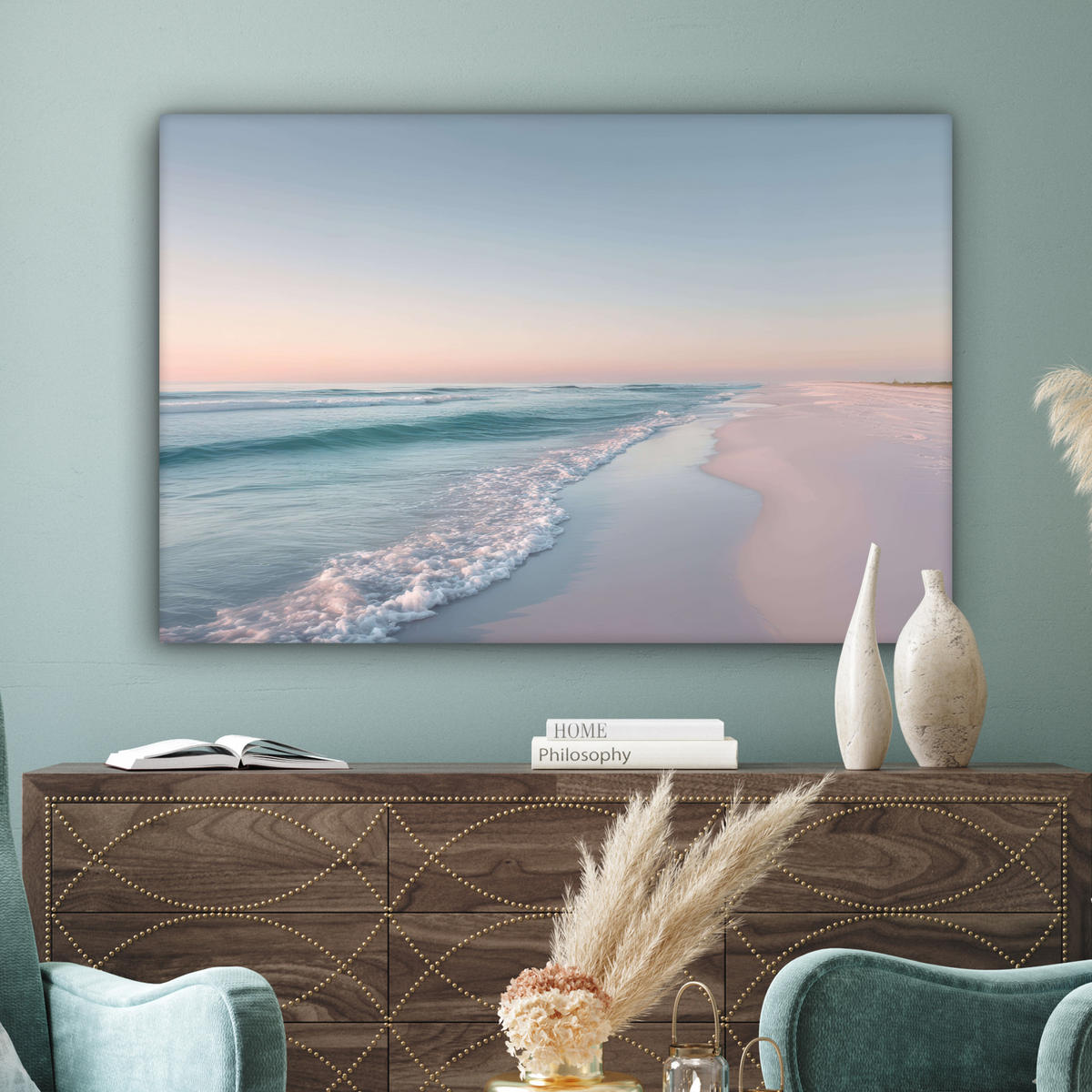 LEINWANDBILD Küstenlinie - Pastell - Wasser Wohnzimmer Groß 120x80 cm - Pastellblau, Textil (120/80cm) - MuchoWow