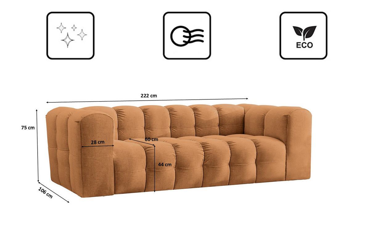 SOFA 3-Sitzer, Komfort, BALOO, Stoff Schenille, Orange - Orange, Holz (222/75/106cm) - Kaiser Möbel