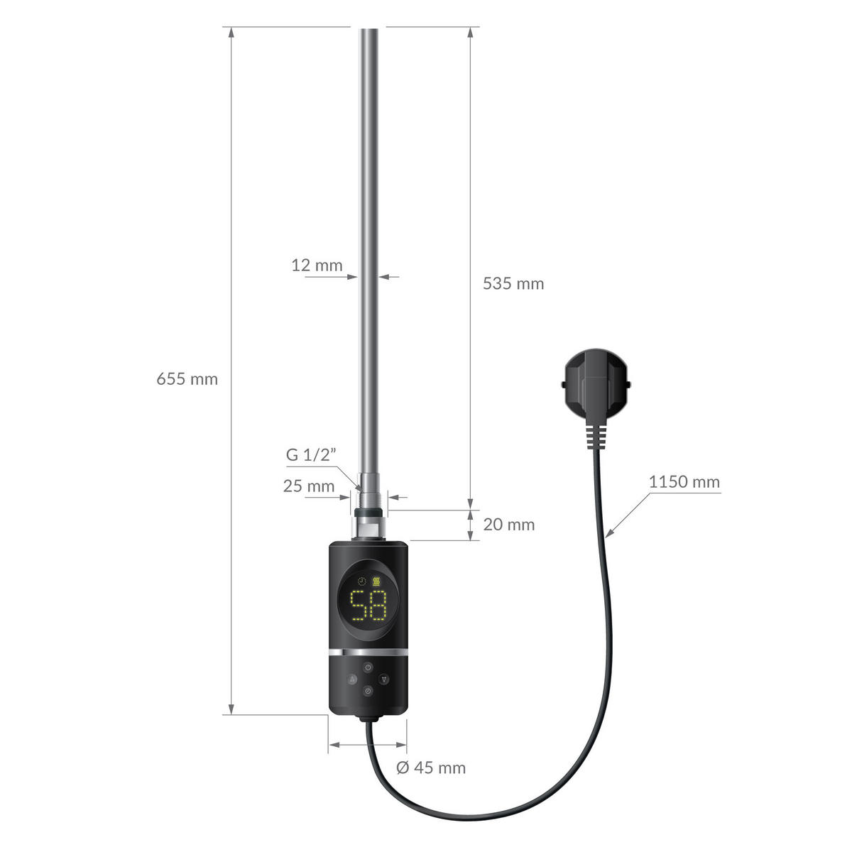 HEIZSTAB 600W Schwarz für Badheizkörper mit Thermostat und Digitalanzeige - Chromfarben, Metall - LuxeBath