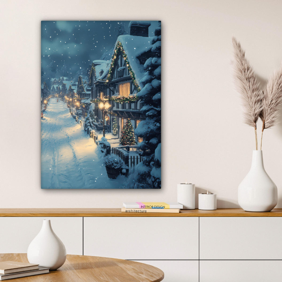 LEINWANDBILD Weihnachtsdorf - Weihnachten - Schnee - Winter 60x80 cm - Dunkelblau, Textil (60/80cm) - MuchoWow