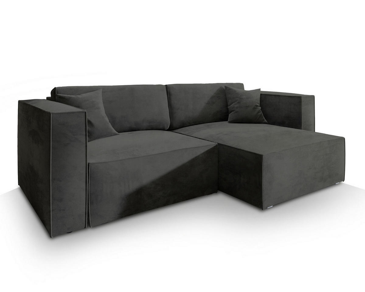 ECKSOFA NERIO M Schwarz Velours-Stoff mit Schlaffunktion - Schwarz, Holz (245/148cm) - MASSENO