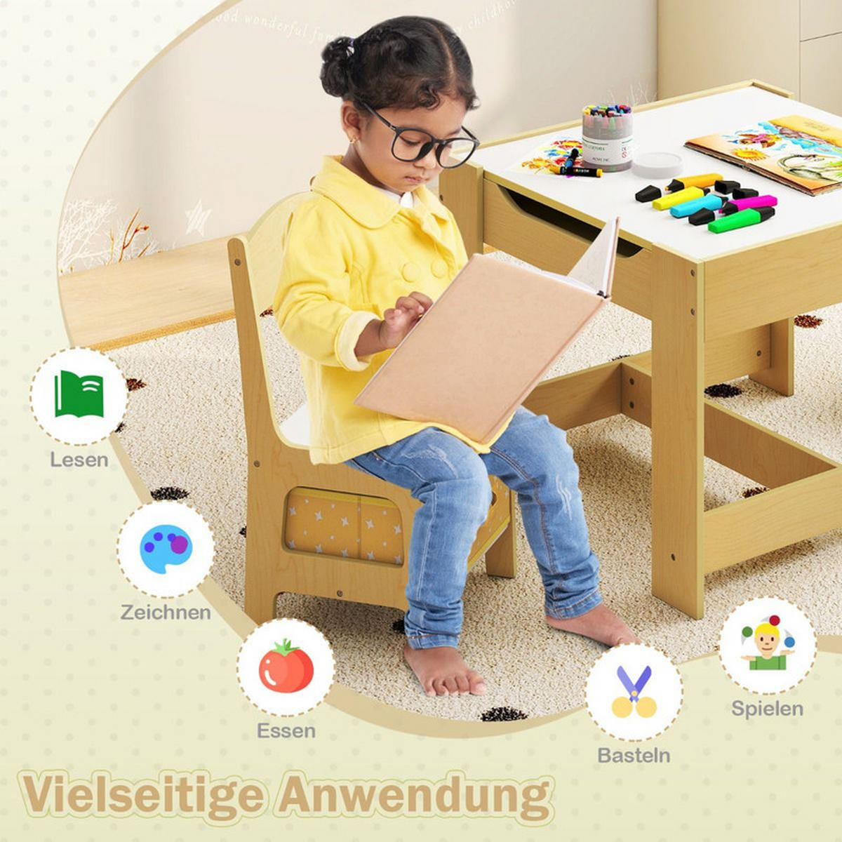 KINDERSITZ‑SET mit Stuhl gelb(3-tlg) - Gelb, Holzwerkstoff (62/48/62cm) - COSTWAY