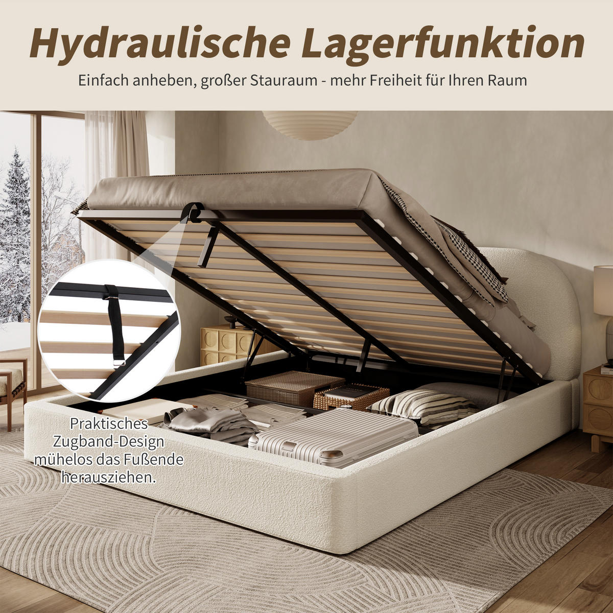 POLSTERBETT Beige Bouclé 180x200 Matratze Hydraulik Stauraum - Beige, Leder (180/200cm) - FLIEKS