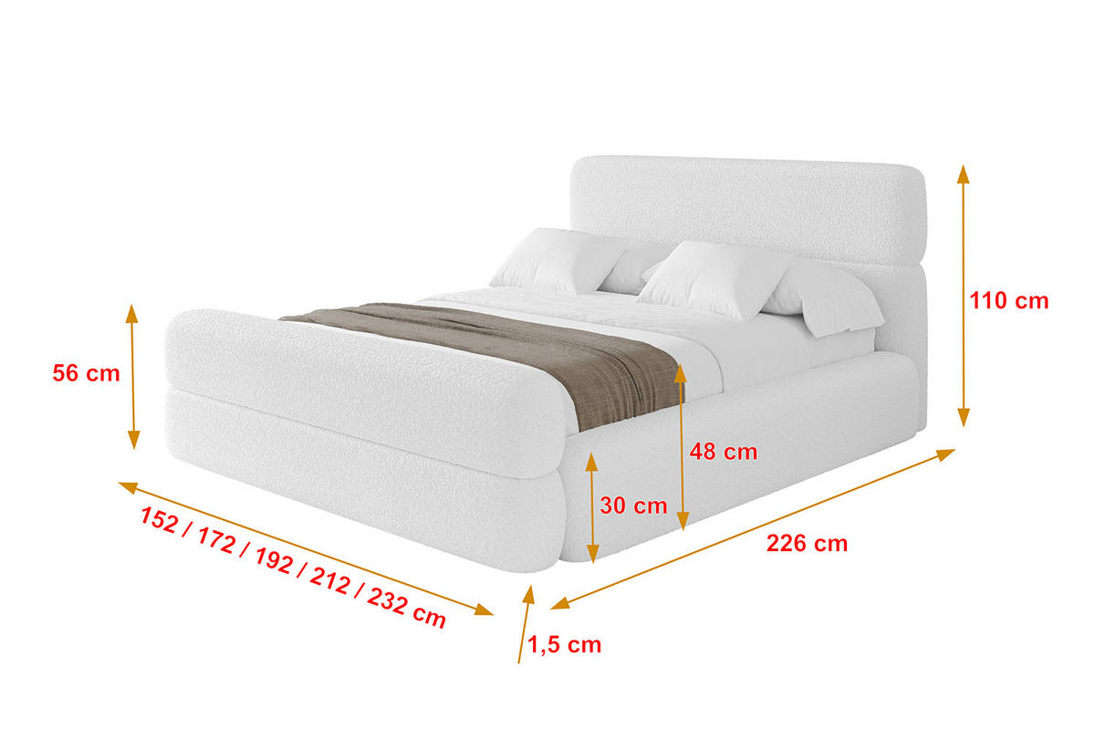 POLSTERBETT mit Bettkasten, Fußteil und Lattenrost, Boxbett mit Matratze H3/H4 - ENORA-Z 180x200 Weiß - Weiß, Holzwerkstoff/Textil (180/200cm) - ALTDECOR