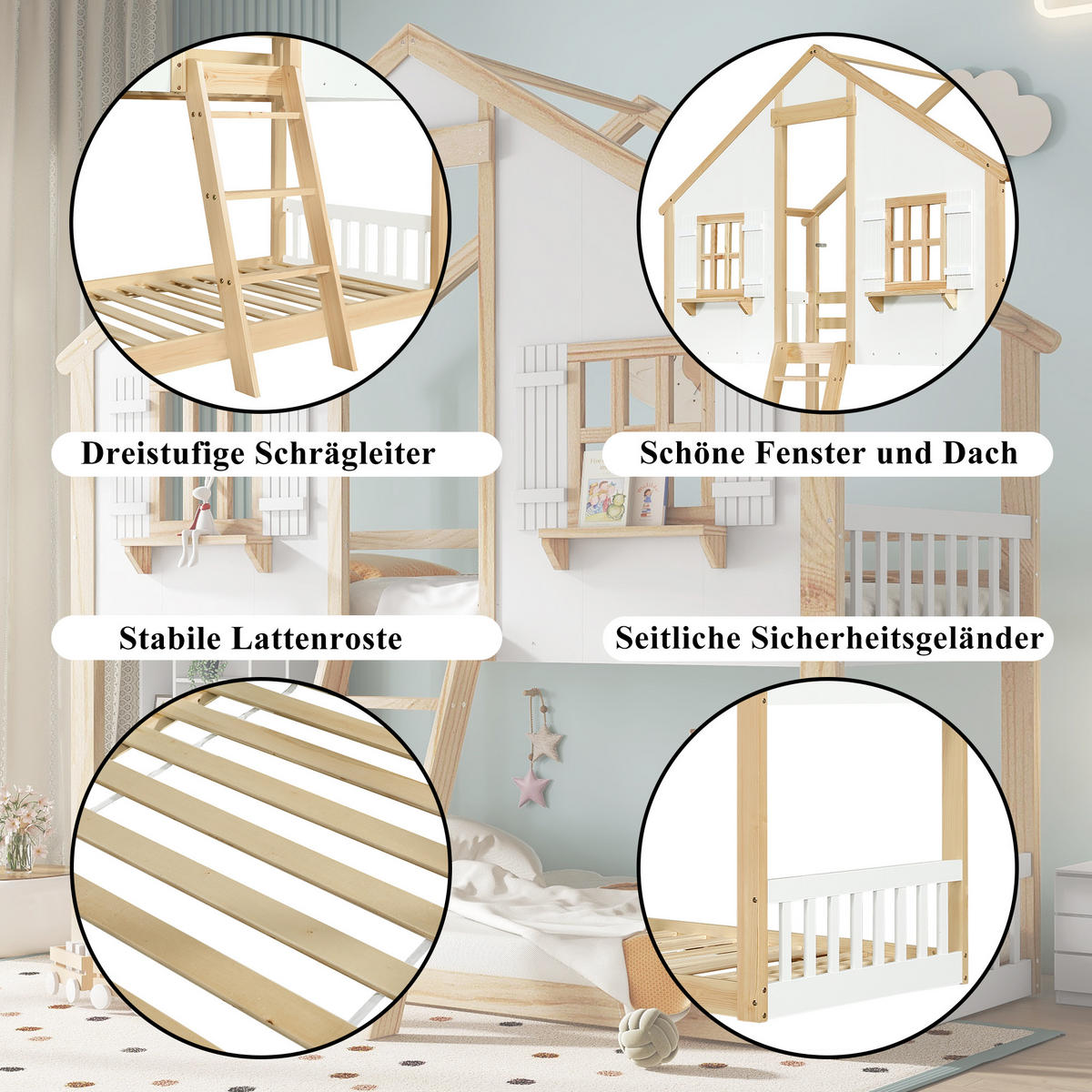 ETAGENBETT 90/200 cm & 90/200 cm in Weiß & Natur mit Dach, Fenster und Leiter - Weiß/Naturfarben, Holz/Holzwerkstoff (90/200cm) - CHICFURN