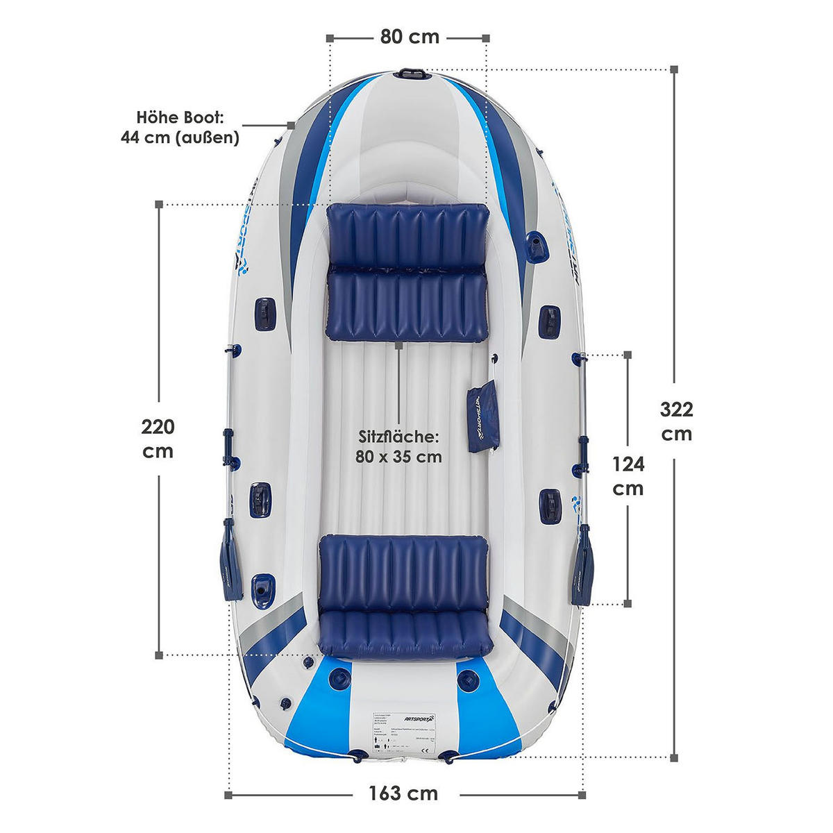 SCHLAUCHBOOT Paddelboot mit zwei Sitzbänken 3,22 m - Blau, Kunststoff (322/163/44cm) - Artsport