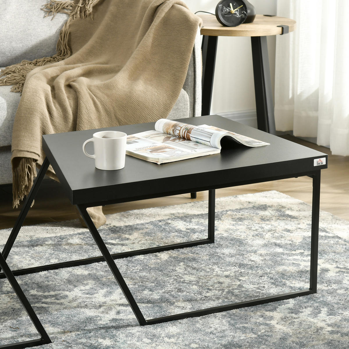 COUCHTISCH 2er Set Beistelltisch mit Stahlrahmen, Geometrischem Industriedesign - Schwarz, Holzwerkstoff/Metall (80/60/42cm) - HOMCOM