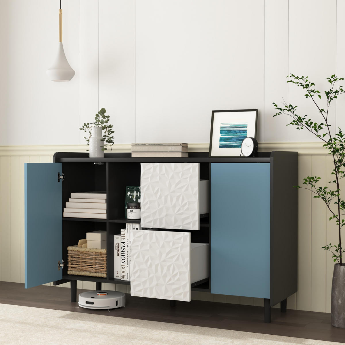 SIDEBOARD aus MDF 40x120x80 cm Schwarz/Blau mit 2 Schubladen, offenem Stauraum und Schranktür in modernem Design - Schwarz, Holzwerkstoff (120/80/40cm) - Modfu