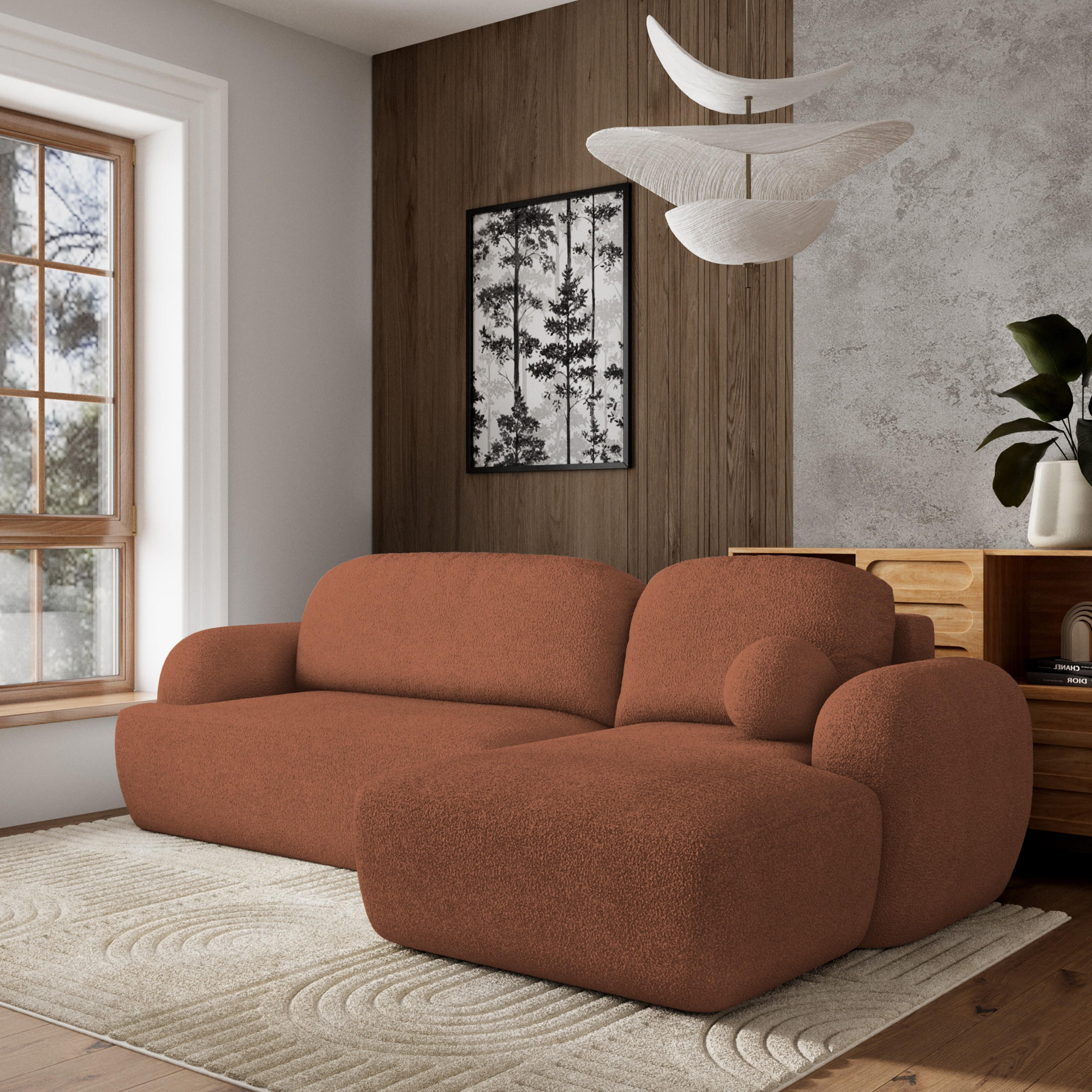 ECKSOFA MODENZA N R-S Orange Boucle-Stoff mit Schlaffunktion - Orange, Holz (266/148cm) - MASSENO