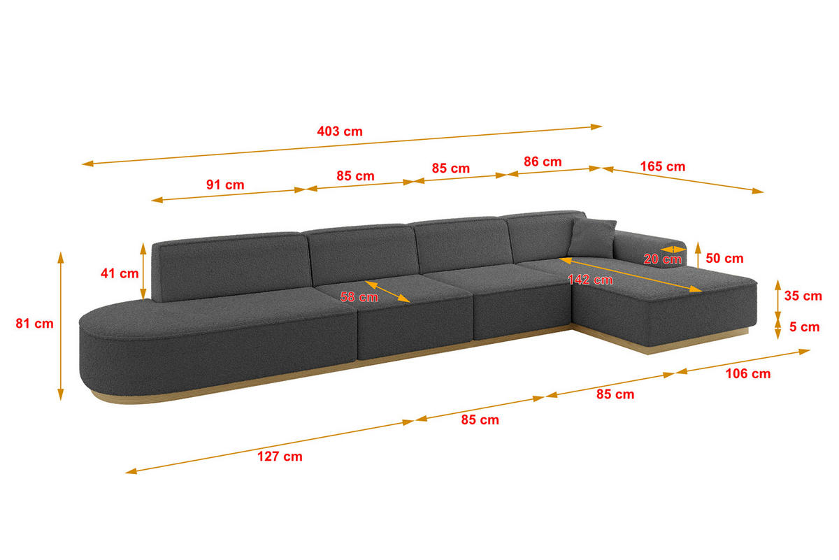 ECKSOFA Ottomane Rechts IREA-L3-v2 - 403x165x81 cm Grau - Grau, Holzwerkstoff/Textil (403/165cm) - ALTDECOR