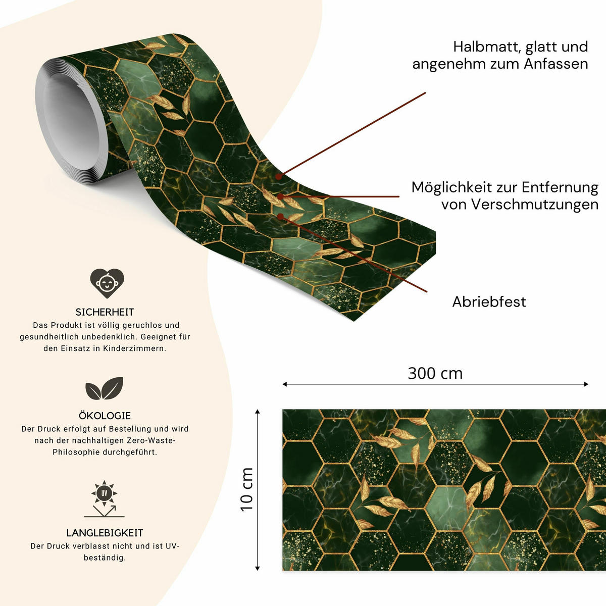 TAPETENBORDÜRE selbstklebend Hexagon Mosaik Marmor Blätter - Beige/Schwarz, Papier (10/300/300cm) - Muralo