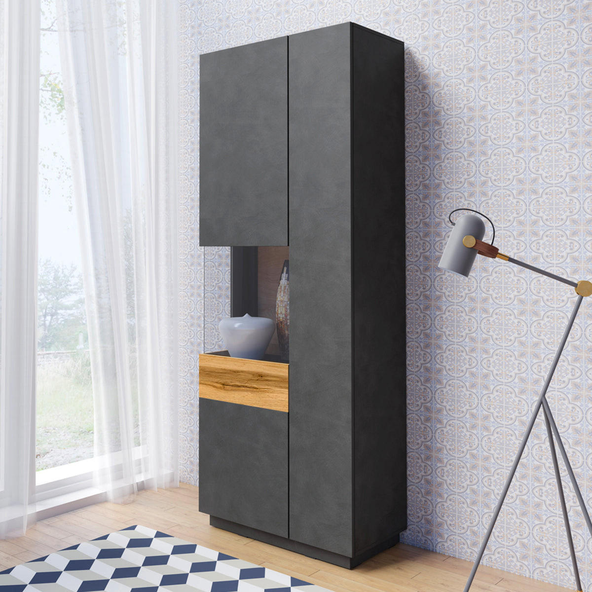 VITRINE Andrea Anthrazitgrau und Holz - Grau, Holzwerkstoff (80/207/40cm) - Petits-meubles