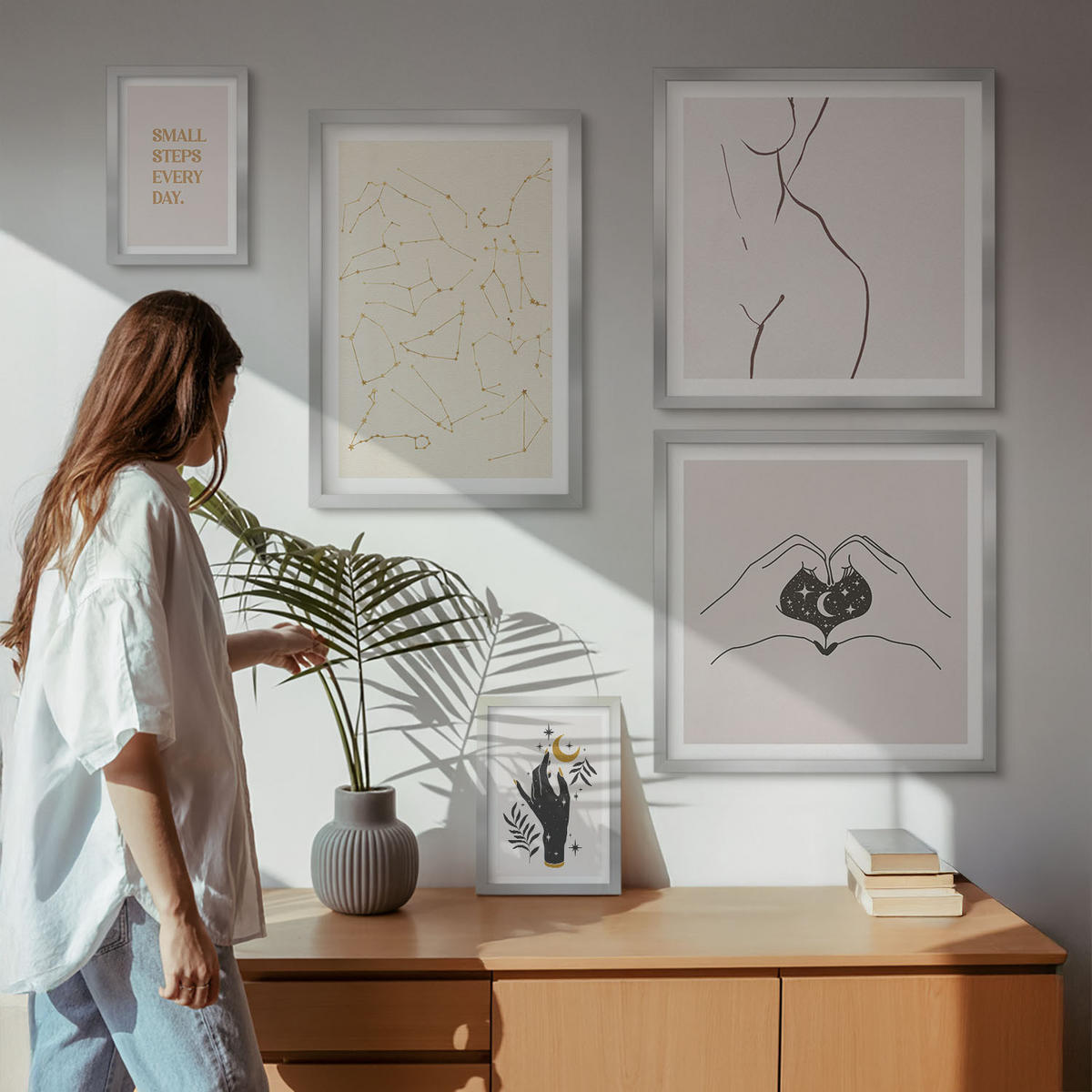 WANDBILDER 5er Set - 50x50 cm & 20x30 cm & 40x60 cm Silberner Rahmen - Minimalistische Boho-Illustrationen - Silberfarben, Kunststoff (40/60cm) - ArtPrintCave