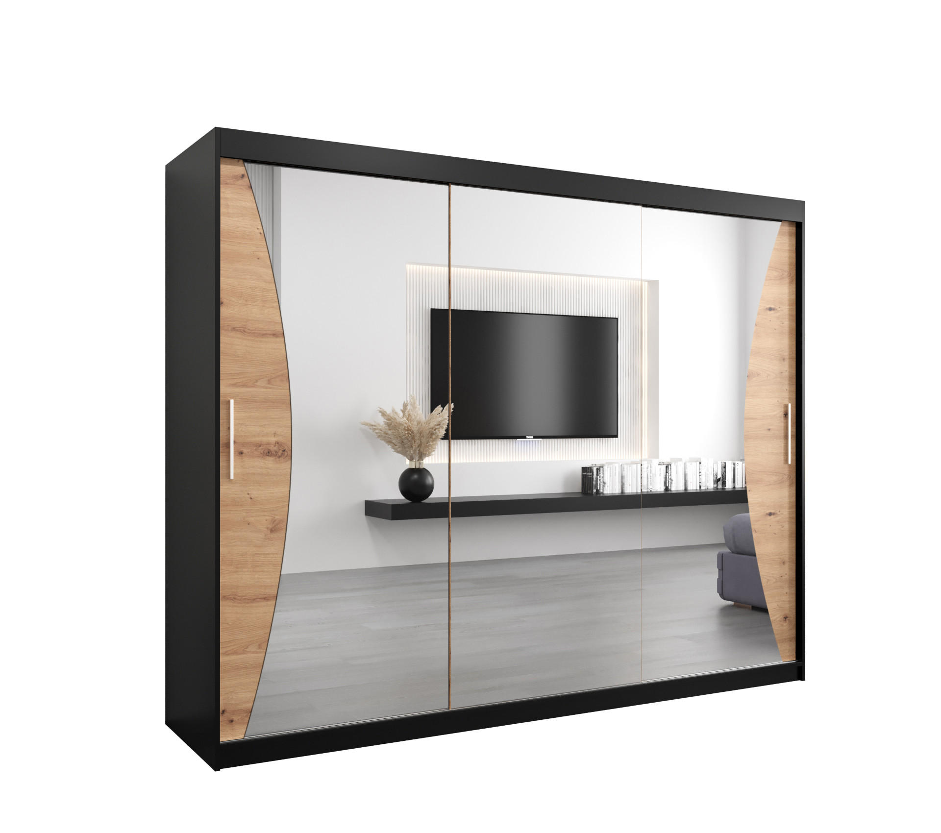 Abiks Möbel Schwebetürenschrank Schwarz, Eiche Artisan 250x200x62 cm