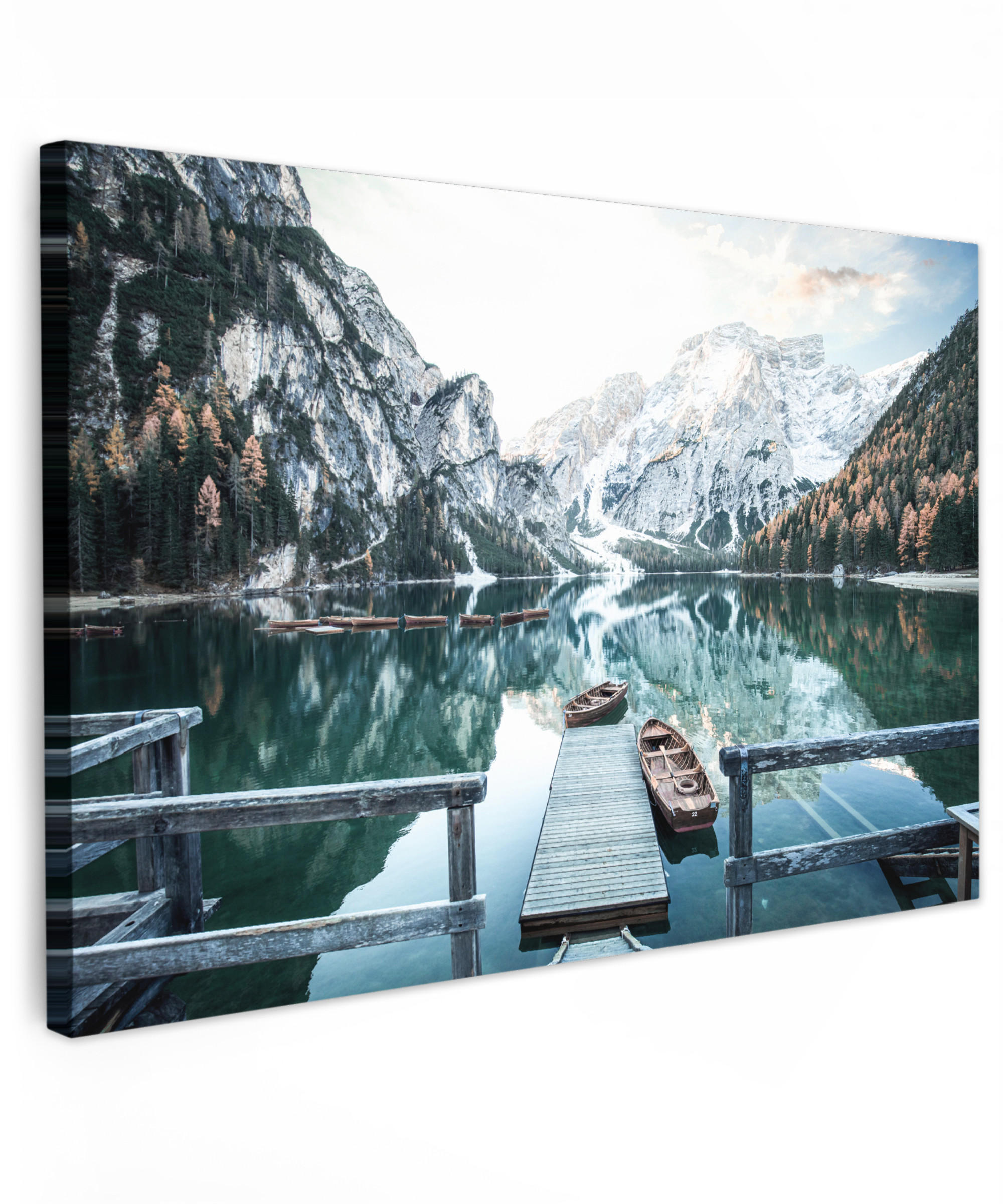 LEINWANDBILD Natur - Berge - Schnee - Wald - Boot XXL 150x100 cm - Hellgrün, Textil (150/100cm) - MuchoWow