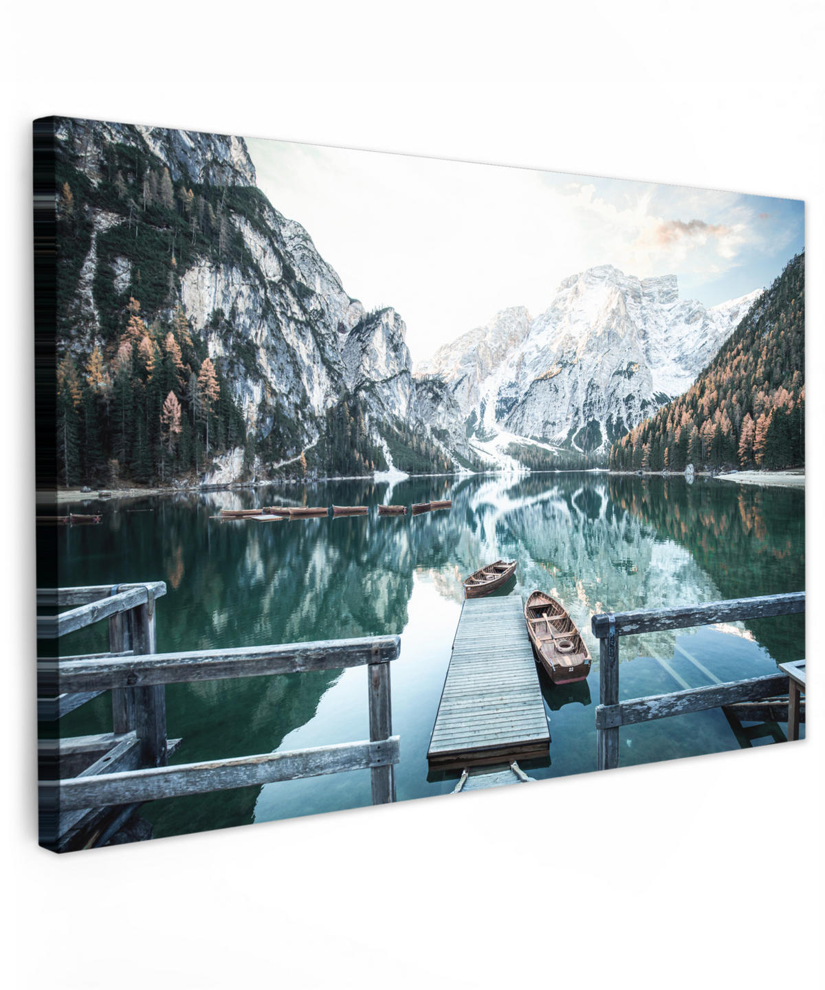 LEINWANDBILD Natur - Berge - Schnee - Wald - Boot 140x90 cm - Hellgrün, Textil (140/90cm) - MuchoWow