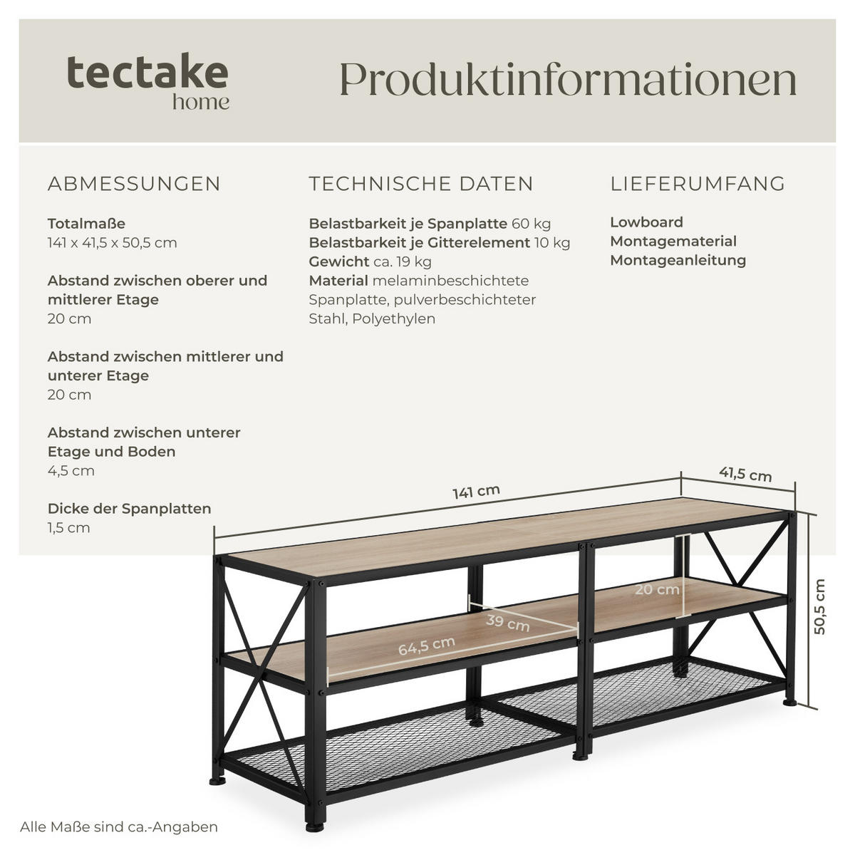 TV-REGAL Chicago,141 x 41,5 x 50,5 cm,Industrial Holz hell, Eiche Sonoma - Naturfarben, Holzwerkstoff (41.5/50.5/141cm) - tectake