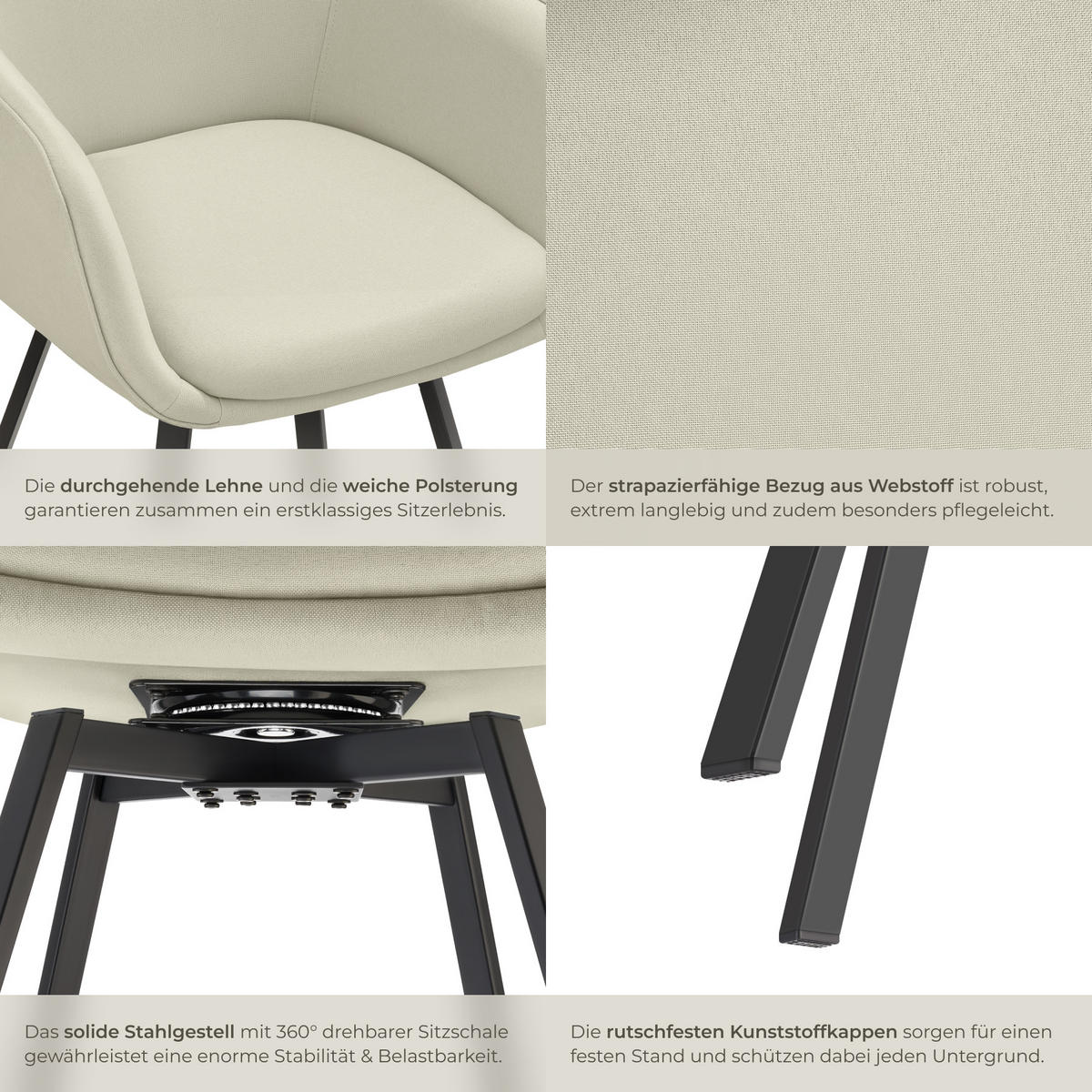ARMLEHNSTUHL drehbarer 2er Set Alicon 57 x 59 x 88 cm greige - Greige, Textil (57/88/59cm) - tectake