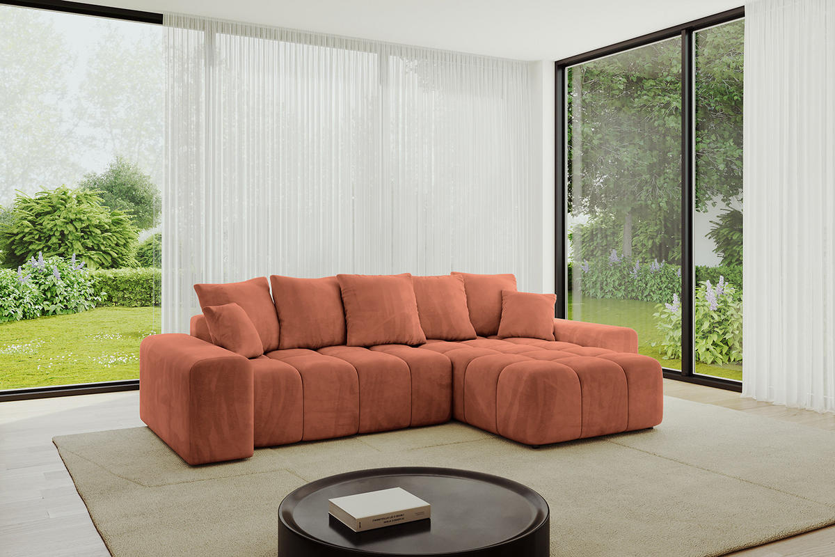 ECKSOFA Ottomane rechts ENIL-L 297x189x68 Koralle Velours - Koralle, Holzwerkstoff/Kunststoff (189/297cm) - ALTDECOR