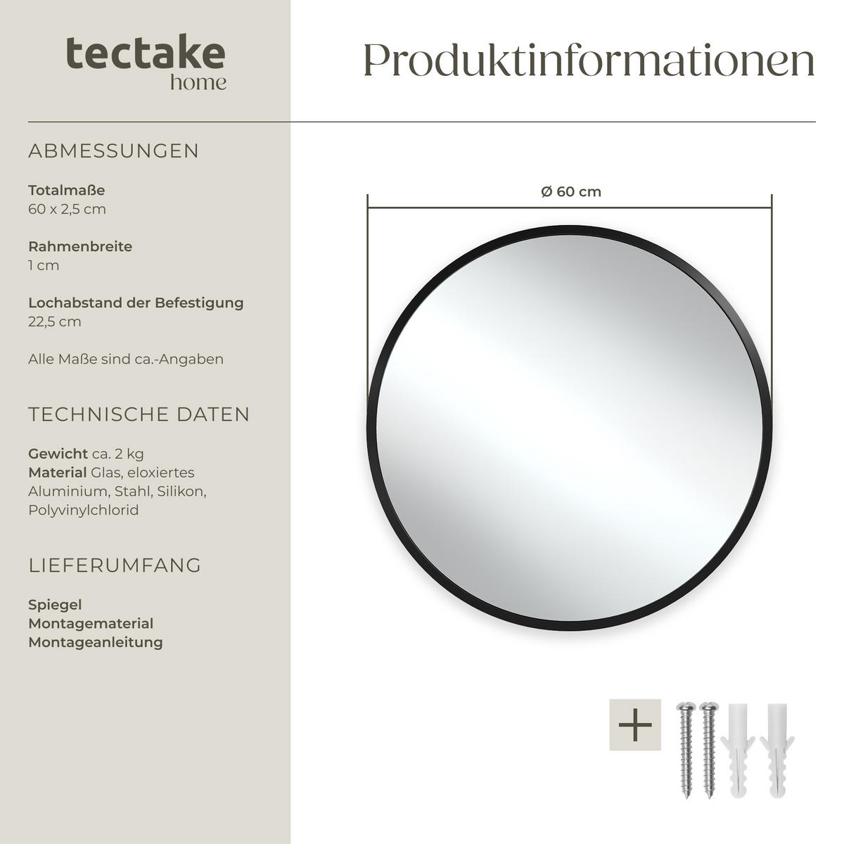 RUNDER WANDSPIEGEL Fiona,integrierte Befestigungshaken,schwarz - Schwarz, Glas (60/2.5/60cm) - tectake