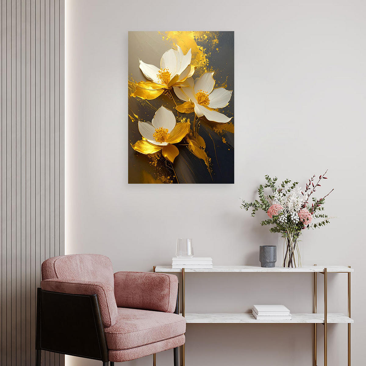LEINWANDBILD, Weiße Magnolien mit goldenen Akzenten auf einem dunklen Hintergrund - Gelb, Textil (60/90cm) - Feeby