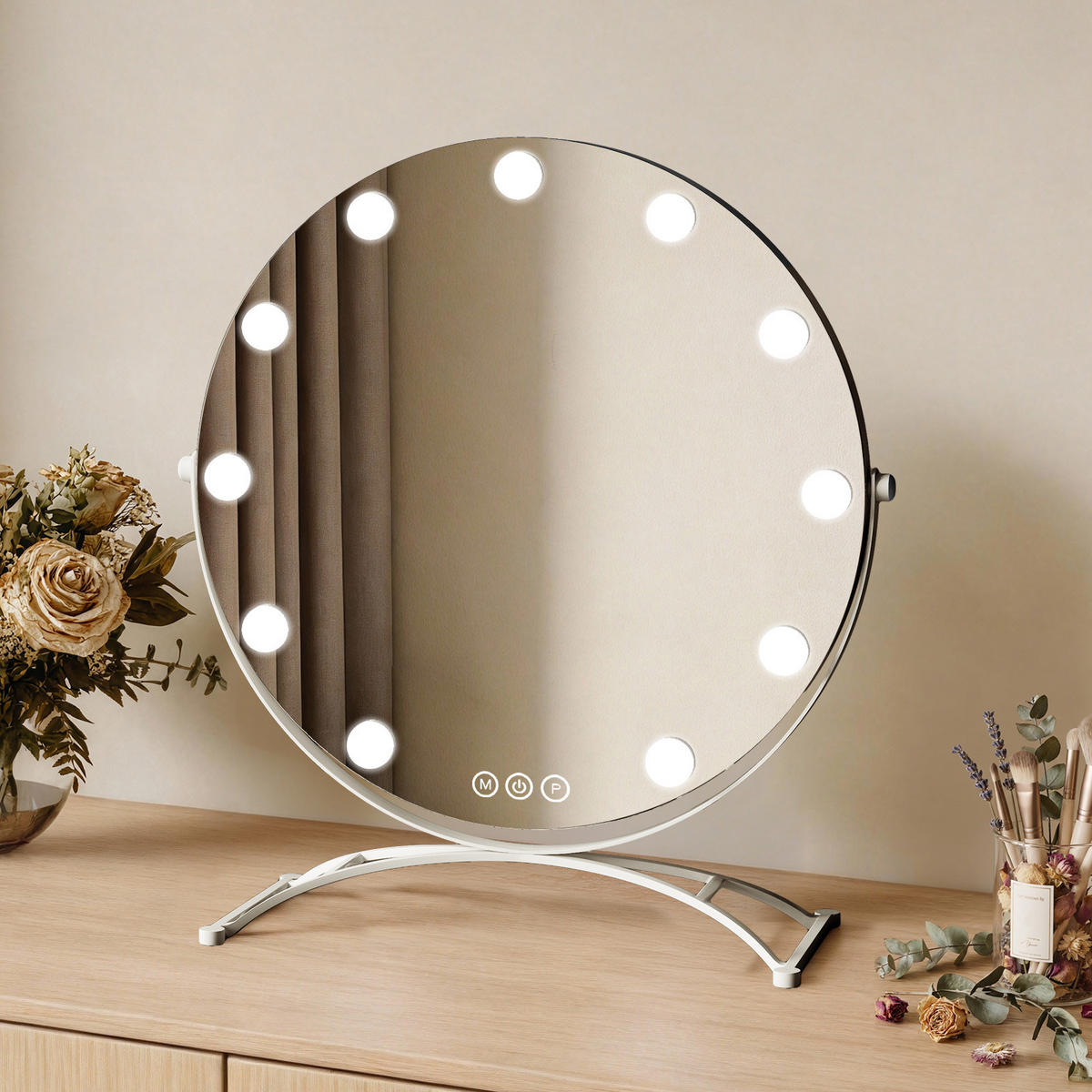 SCHMINKSPIEGEL Runder mit Beleuchtung, Weiß, ф50 cm - Weiß, Glas (50/6/50cm) - EMKE