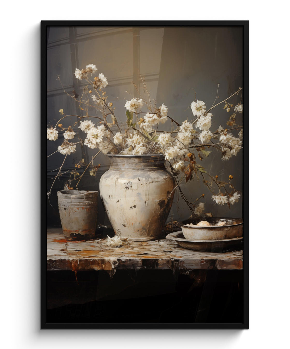 GERAHMTES BILD Stilleben - Blumen - Blumenstrauß - Vase - Wein 80x120 cm - Schwarz, Papier (80/120cm) - MuchoWow